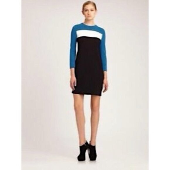 DIANE von Fürstenberg Anis Blue, White and Black Colour Block Dress  Size Medium - Picture 1 of 6